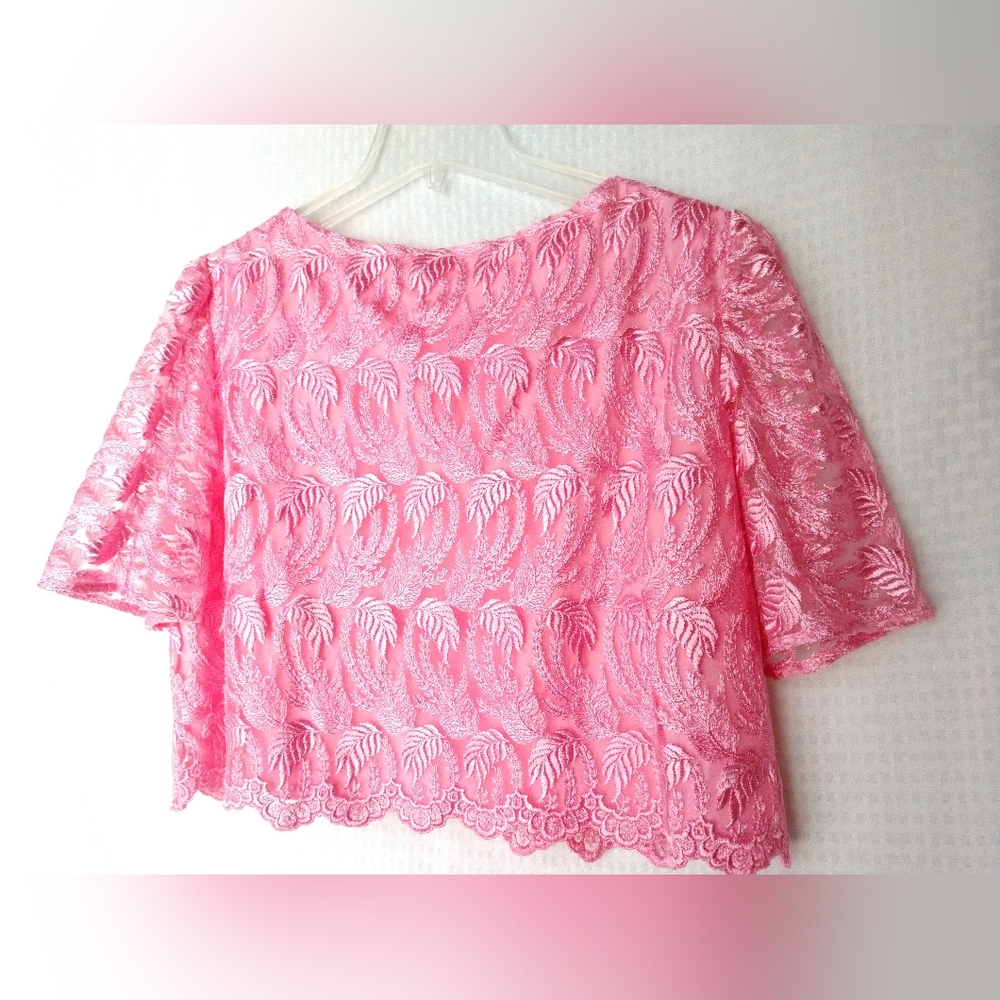 Sari Ethnic CROP Top Blouse Bright Pink Lace Short Sleeve Size Large Chest 40"